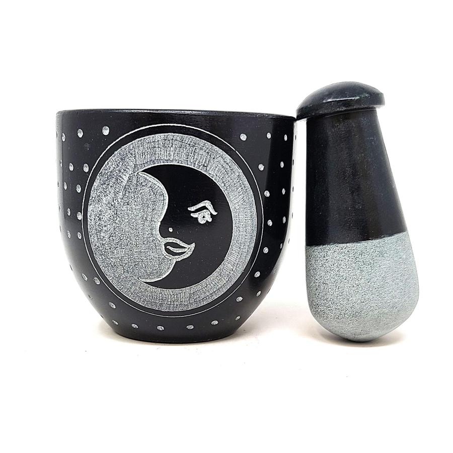 Moon Carved Black Soapstone Mortar & Pestle 3"W x 3"H