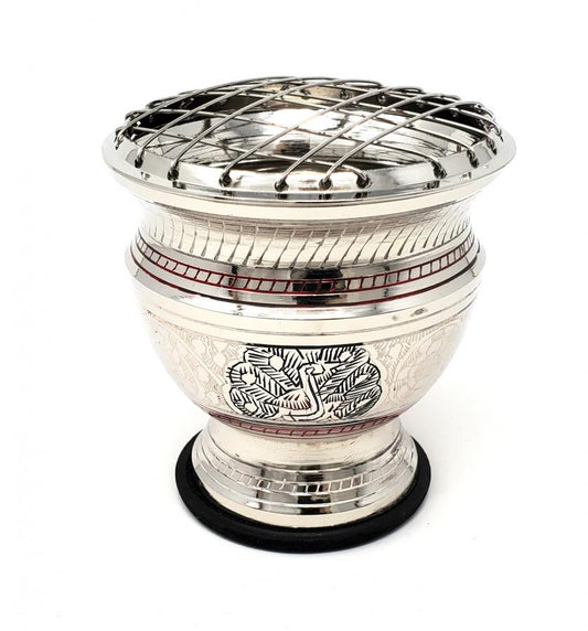 Silver Peacock Carved Brass Screen Charcoal Burner w/Coaster