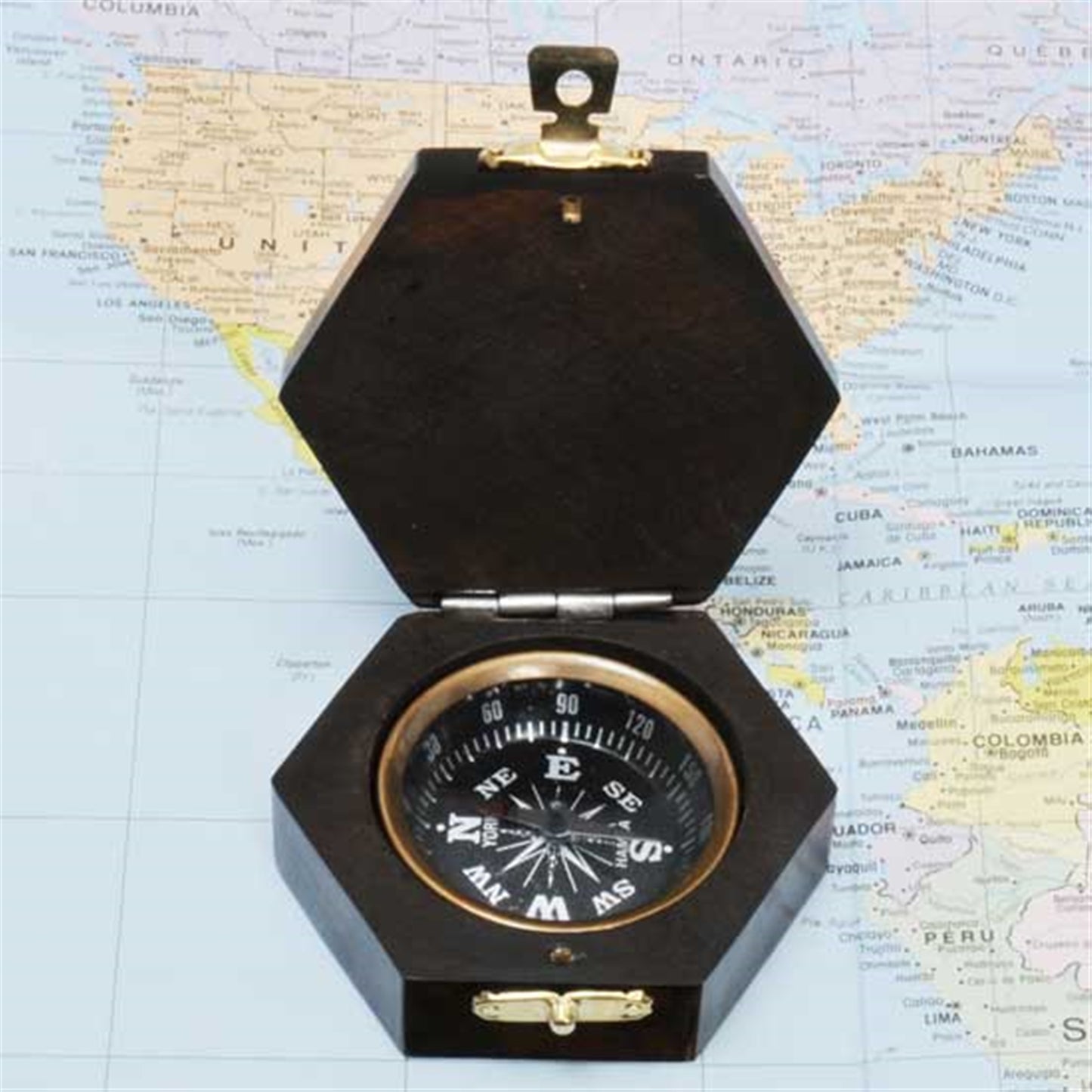 BRASS COMPASS HEXA WOOD BOX 2.5"