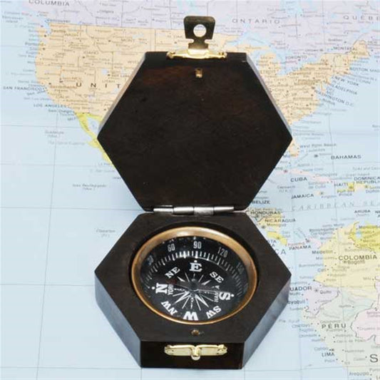 BRASS COMPASS HEXA WOOD BOX 2.5"