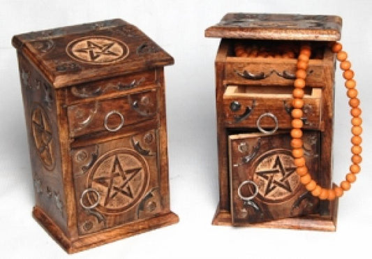 Pentacle Carved Wood Herb Chest