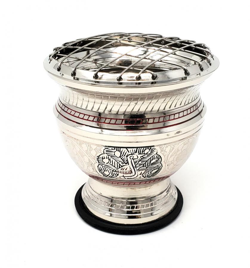 Silver Peacock Carved Brass Screen Charcoal Burner w/Coaster