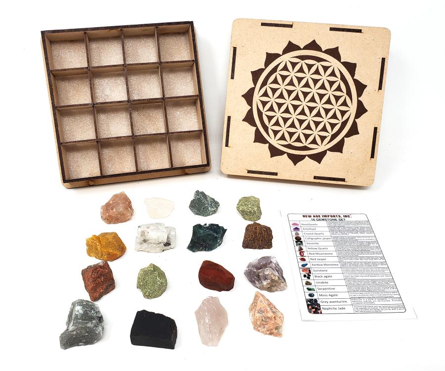 16 Gemstone Raw Tumble Gift Set with Wooden Box