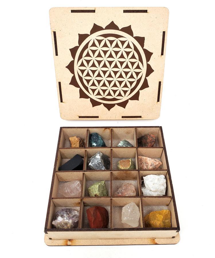 16 Gemstone Raw Tumble Gift Set with Wooden Box