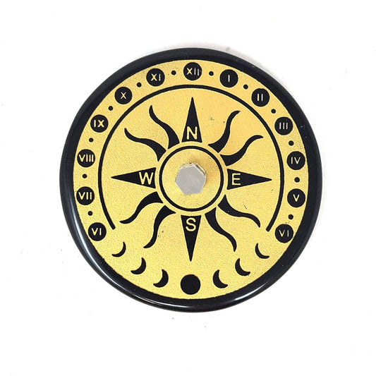 Black Agate Sundial Clock Compass Gold Printed Altar Tile w/ Crystal Quartz 3"